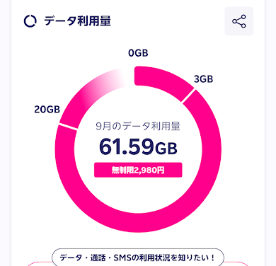 53分見た後のデータ利用量 61.59GB